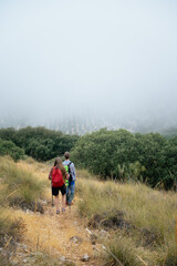 Obraz premium Couple Trekking Through Foggy Mountain Trail Along Verdant Greenery