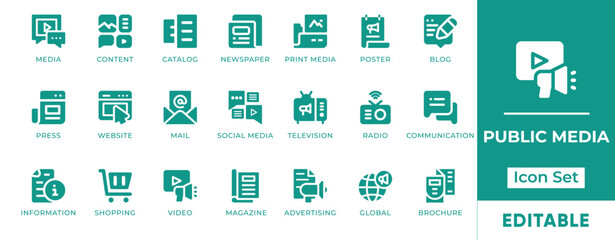 Public Media Icon Set. Features icons of broadcasting, journalism, radio, television, press, and communication. Perfect for news, apps, and media projects.
