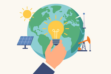 Sustainable Energy Concept—Hand Holding Light Bulb in Front of Globe with Renewable and Nonrenewable Energy Icons, Solar Panel, Wind Turbine, Oil Pump, Sun, Clean Power, Ecology, Environment