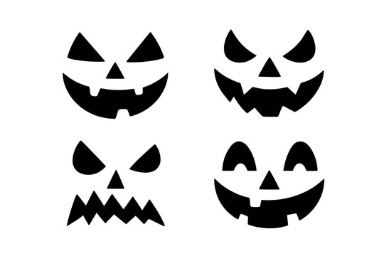 Halloween Pumpkin Jack-o’-Lantern Faces Set of 4, Vector Illustration, Spooky Carved Expressions, Isolated on Transparent Background, Holiday Decoration Clipart