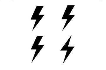 Black Lightning Bolt Icon Set of 4, Vector Energy Symbols, Power Flash, Electric Storm, Thunderbolt, Charge Sign, Isolated on White, Web Print Design, Electricity Concept