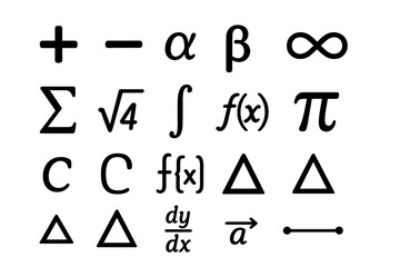 Mathematical symbol vector set of 4 with key math notations and symbols: addition, subtraction, alpha, beta, infinity, sigma, square root, integral, pi, subset, set theory