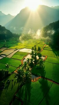 Tropical Rice Fields at Sunrise &ndash; Aerial View with Palm Trees and Morning Mist