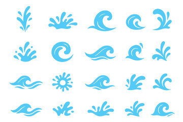 Water splash vector set with 20 blue splash icons and wave graphics, liquid clipart, ocean elements, aquatic illustrations, wave patterns, fluid effects, versatile water design collection