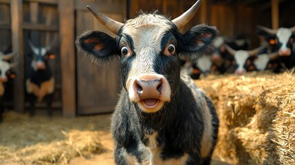 Surprised cow with wide eyes looking at camera, realistic face and natural background