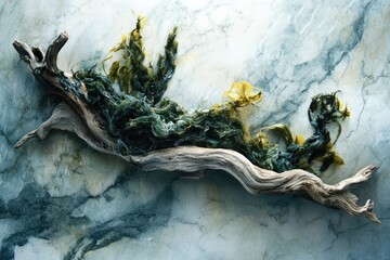 Seaweed draped artistically on weathered driftwood against a marble background.