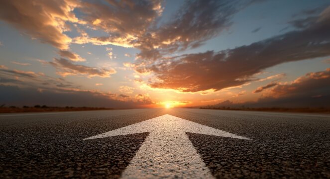 An arrow painted on an asphalt road points toward a sunset horizon, symbolizing life's journey, progress, and decision-making in business or travel.