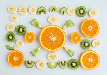 Top-down view of sliced oranges, kiwis, and bananas arranged on a white background, showcasing vibrant colors and healthy eating concept, ideal for food blogs, nutrition articles, and wellness promoti