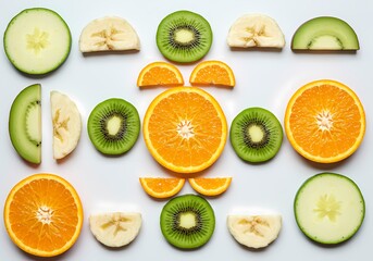 Overhead flat lay of colorful sliced fruits including orange, kiwi, banana and cucumber arranged in a pattern on a white background, healthy eating and lifestyle, vibrant colors