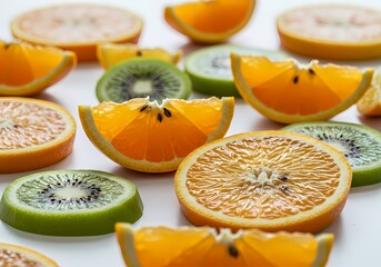 Vibrant and refreshing still life featuring slices of oranges and kiwi fruit, creating a colorful and healthy food composition for culinary and wellness themes
