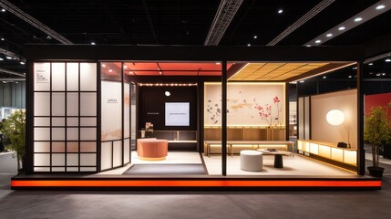Japaneseinspired exhibition booth with screens seating and artwork