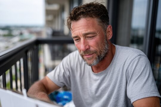 A man sits on a balcony, engrossed in reading, showcasing a moment of relaxation and tranquility in a comfortable residential setting with a scenic view.
