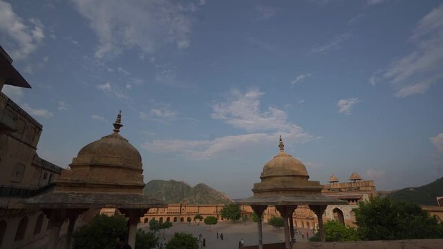 Dolly In Shot of Amer Fort Courtyard with Traditional Chhatris, Jaipur, India