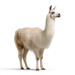 Fototapeta premium Elegant white llama standing in profile against clean white background with free copy space for text in wildlife photography or animal farming advertisement