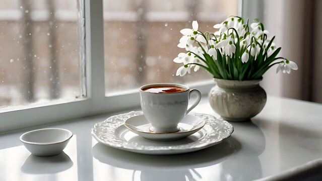 3D image cup of tea, mug, green, isolated, object, food, teacup, espresso, spoon, morning, flowers, pink.