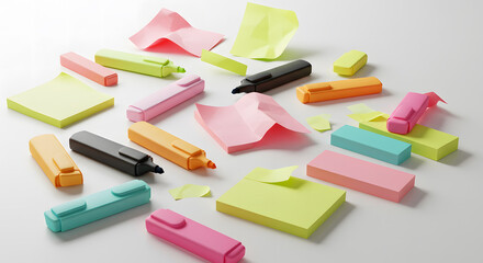 Colorful collection of sticky notes, highlighters, and paper scraps on a white surface, organized in a playful and vibrant arrangement