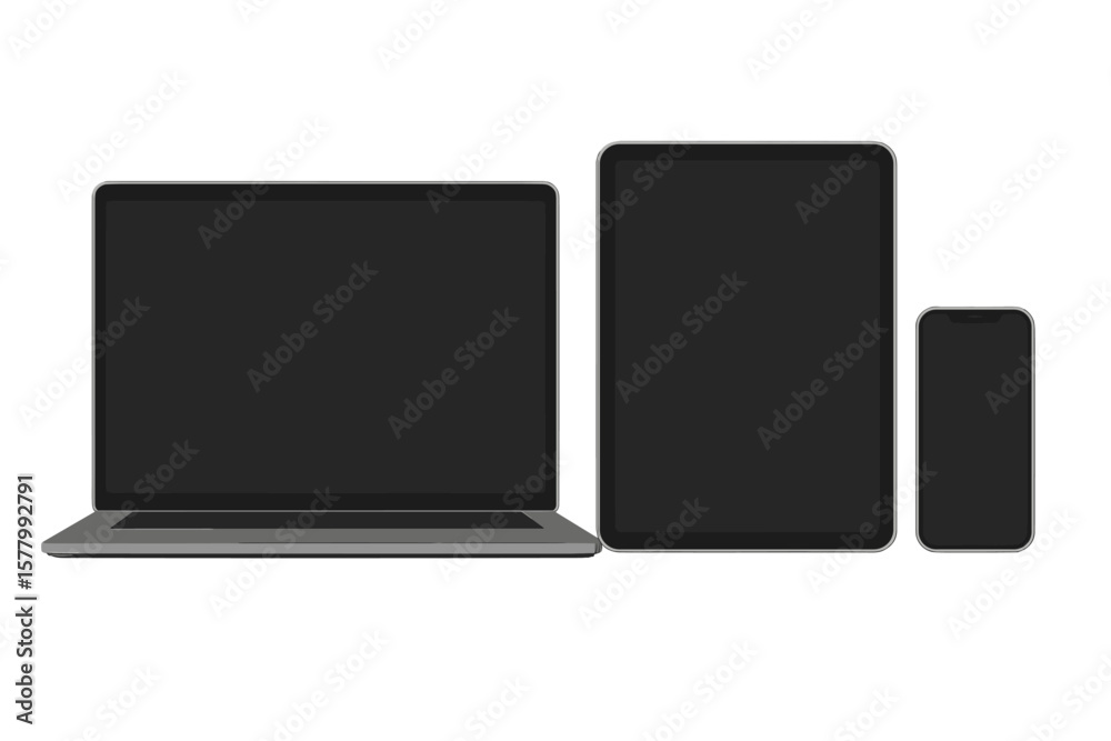 Poster laptop computer, tablet pc, and mobile phone mockup set. front view of digital devices with blank sc