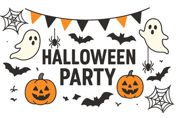 Halloween party banner concept. Cute ghost, spooky spider, pumpkin jack o lantern, bat. Festive hanging garland for invitation design. Autumn holiday vector illustration.