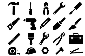 Obraz premium Construction tool icon set. Handyman equipment for repair and building. Worker instrument silhouette collection. Vector illustration for DIY, carpentry, and industrial design.