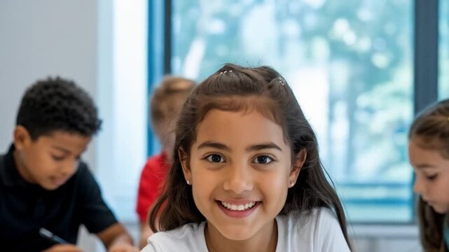 Smiling girl presents her robotics project with classmates working in background