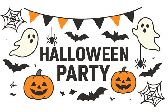 Halloween party banner concept. Cute ghost, spooky spider, pumpkin jack o lantern, bat. Festive hanging garland for invitation design. Autumn holiday vector illustration.