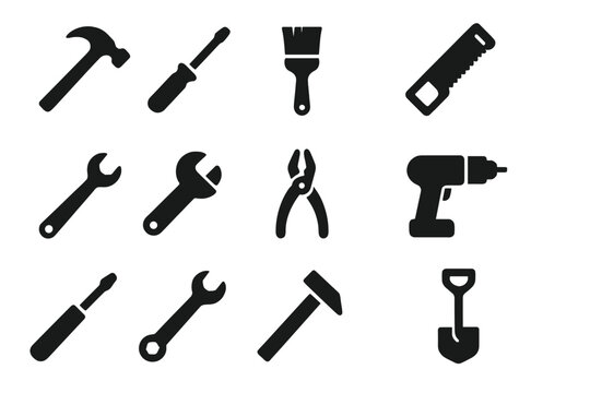 Construction tool icon collection. Instrument icons set. Carpentry work tools sign. Repair and building equipment symbol. Black silhouette. Vector illustration isolated.