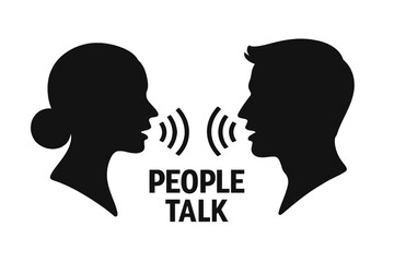 Two people talking icon. Man and woman face silhouette. Dialogue, conversation, communication symbol. Speak, voice, sound wave. Discussion, debate, gossip, social vector.