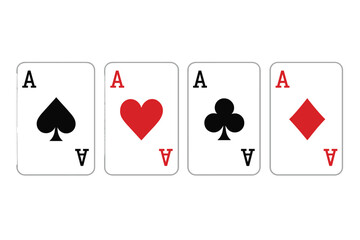 Four aces playing cards vector illustration set. Poker hand of all suits, hearts, spades, clubs, and diamonds. Casino, gambling, and tabletop game concept design element.