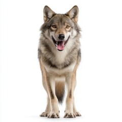 Fototapeta premium Friendly gray wolf standing alert with mouth open against clean white background for wildlife conservation awareness free copy space for text