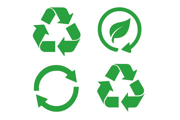 Green recycle symbol set. Eco friendly, biodegradable packaging label. Reusable materials icon collection. Environmental conservation, sustainability, zero waste vector concept.