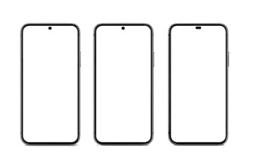 Modern Smartphone Mockup Set. 3D Realistic Mobile Phones with Blank White Screens. Front View Isolated on White Background. Technology Device Template for App UI, Presentation, Transparent PNG