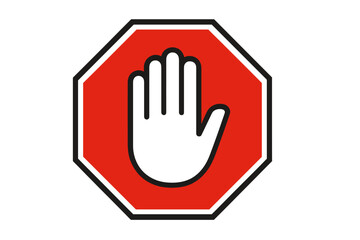 Obraz premium Red Octagon Stop Sign with Raised Hand Gesture, Warning Symbol, Do Not Enter, Caution Road Sign, Traffic Safety Icon, Vector Illustration, Isolated Transparent Background