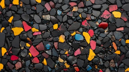 Assorted colorful pebbles and black stones on wet asphalt, natural style, top view. Concept of texture, contrast, and vibrant earth tones