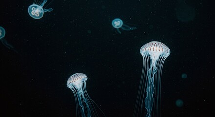 Bioluminescent Jellyfish Swimmers in Deep Ocean Scene with Glowing Tentacles and Dark Water