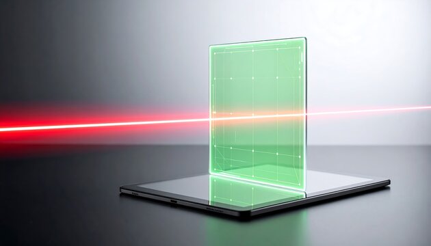 Tablet with glowing green screen, laser beam