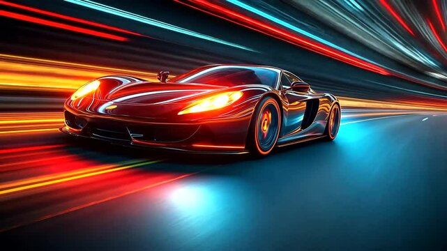 Futuristic sports car speeding through a neon light tunnel showcasing dynamic motion