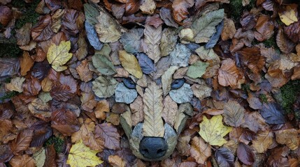 Obraz premium Autumn Wolf Face in Fallen Leaves