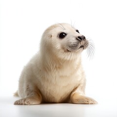 Obraz premium Curious white baby seal pup with large dark eyes looking upward against clean white background, perfect for wildlife conservation or arctic animal protection campaign