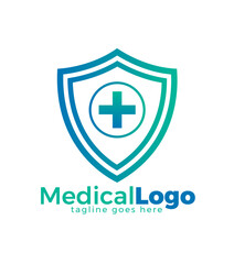 Obraz premium Healthcare Shield Logo with Cross Symbol – Medical Protection, Security, Safety, and Insurance Icon Design Vector for Hospitals and Clinics