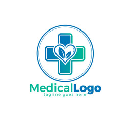 Medical Cross Logo with Heart and Leaf Symbol – Healthcare, Wellness, and Nature Concept Icon Design Vector