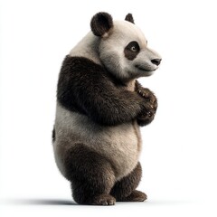 Curious giant panda standing upright with paws together in contemplative pose against white background, detailed 3D rendering for wildlife conservation campaign with free copy space