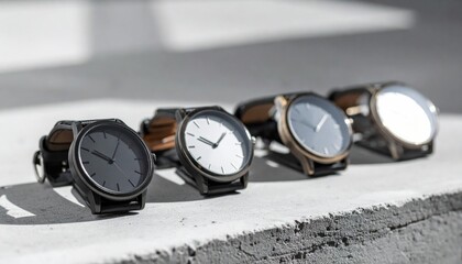 Four Elegant Wristwatches With Leather Straps in Metallic and Neutral Tones