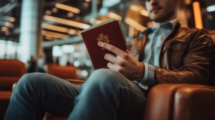 Man holding passport in lounge