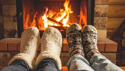Couple Relaxing with Feet Up in Front of Burning Stone Fireplace in Wintertime