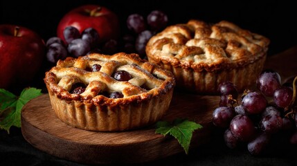 Two homemade apple pies with fresh apples and grapes on a rustic wooden board, set against a dark background.