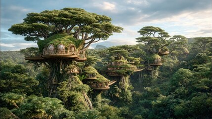Fototapeta premium Fantasy treetop houses in a lush forest