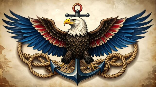 An eagle with anchor & wings, emblem against aged background