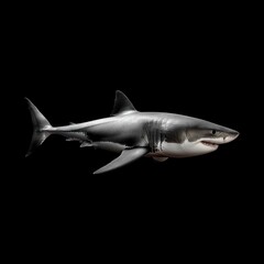 Powerful Great White Shark profile against dramatic black background showcasing sleek silver-gray body, distinctive dorsal fin and predatory features in marine wildlife photography