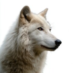 Obraz premium Majestic white wolf portrait with amber eyes against clean white background, showing alert expression and detailed fur texture in wildlife photography free copy space for text