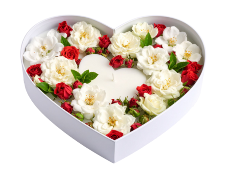 Heart-shaped box overflowing with white and red roses and two heart-shaped candles on transparent background